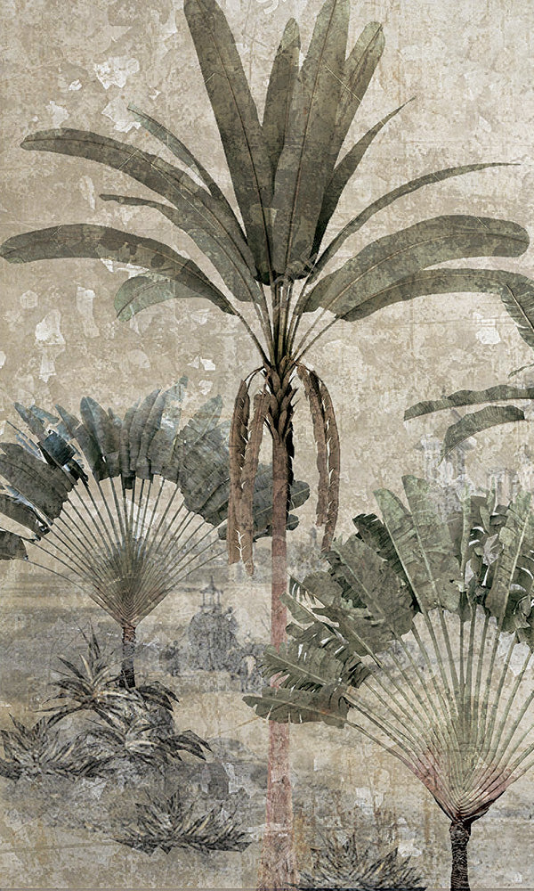 Vintage Weathered Tropical Landscape Digital Mural Wallpaper M9613