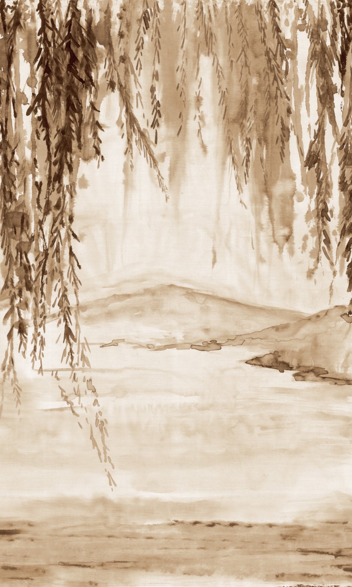Brown Artistic Landscape Painting with Mountain View and Botanical Elements Wallpaper RM2064