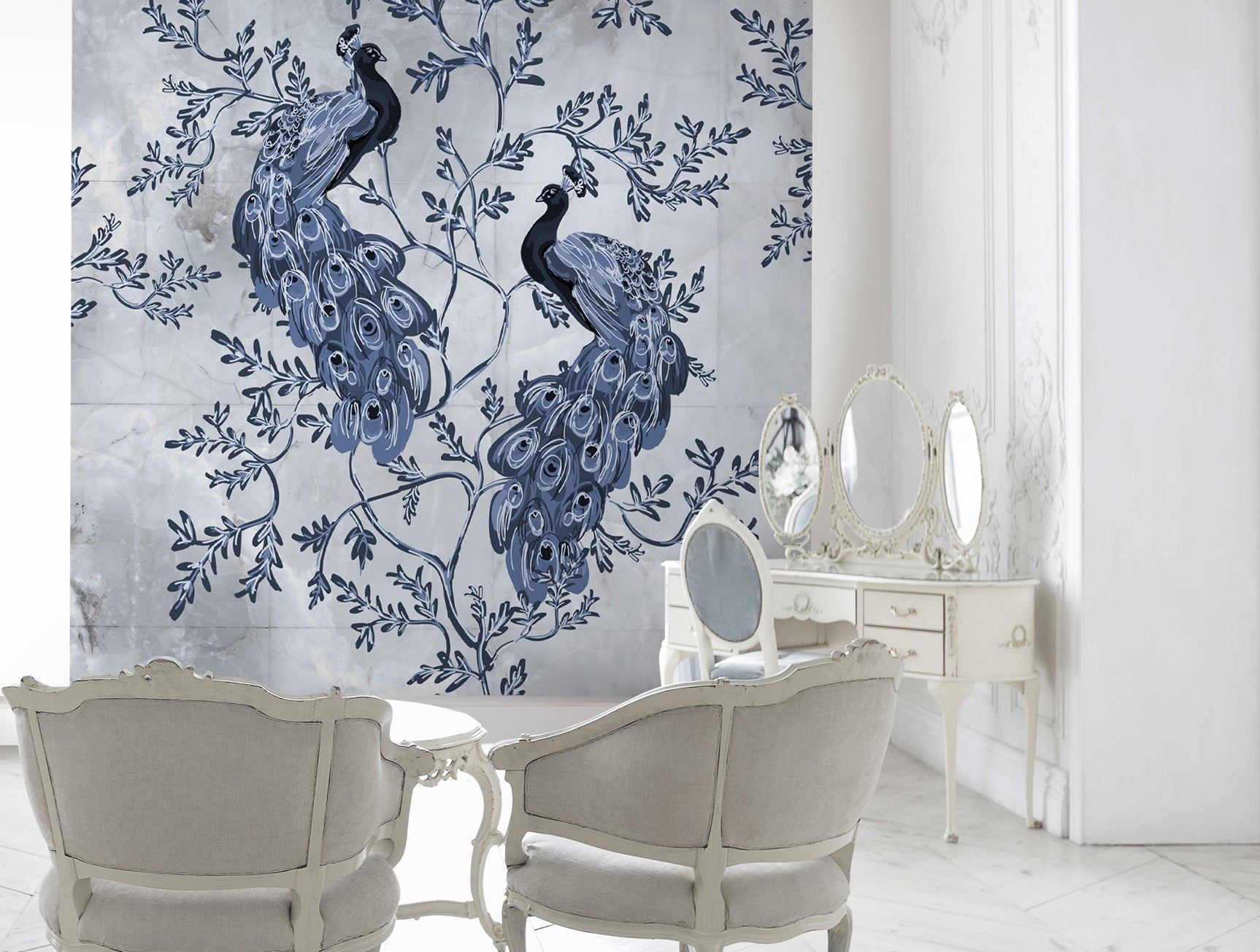 Stunning Blue Peacocks and Blossoming Flowers Mural Wallpaper M1448 for Interior Decoration