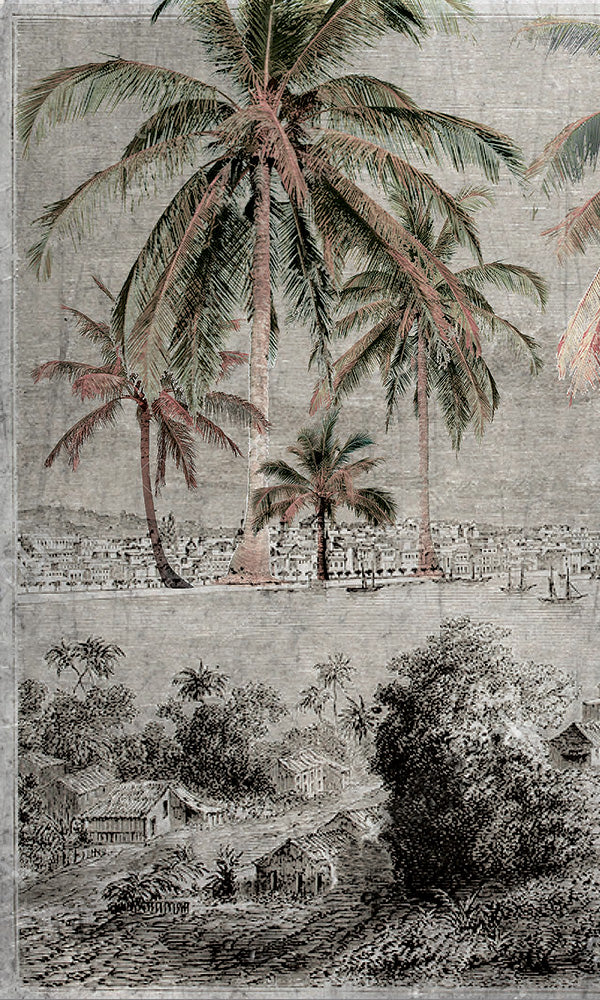 Vintage Style Tropical Beach Landscape Engraved Illustration 3 Mural Wallpaper Design M9612