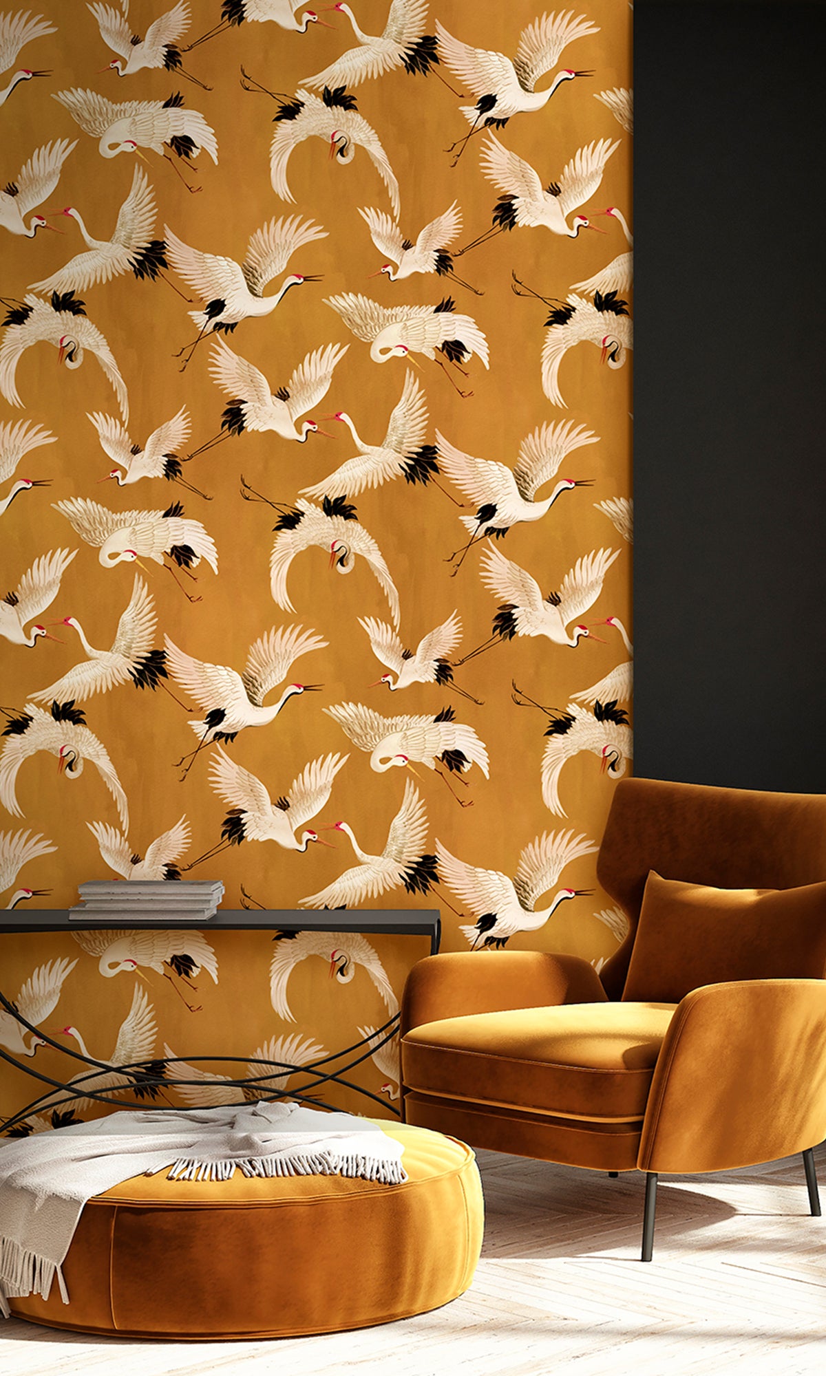 Textured Ochre Flying Cranes Wallpaper R9502 - Ideal for Home Decor