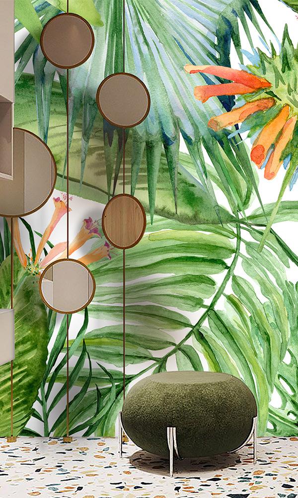 Sample of Green Lively Tropical Leaves III Mural M9961