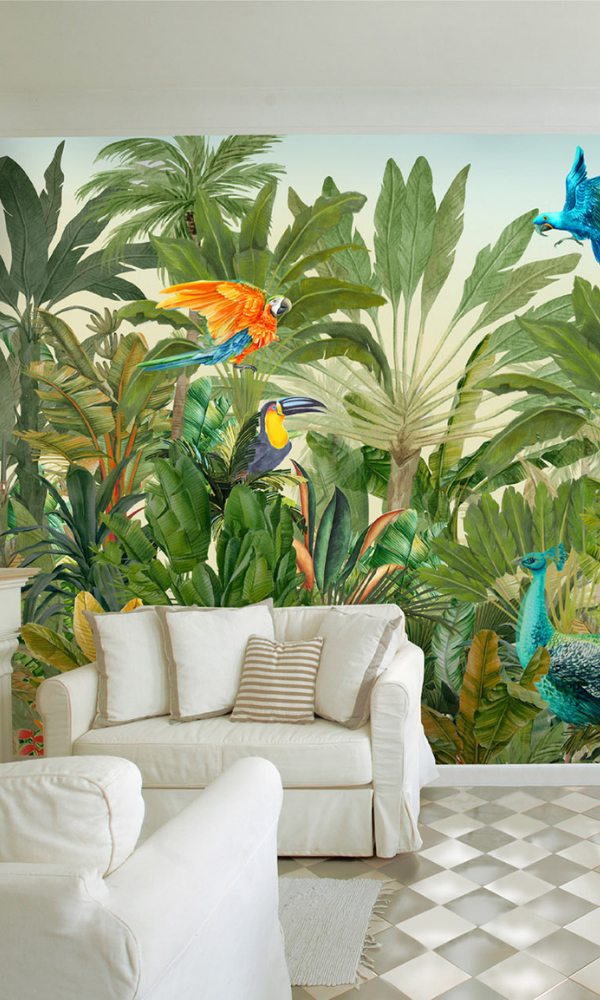 Exquisite Green Tropical Birds Wallpaper Mural for Summer Ambiance M9990