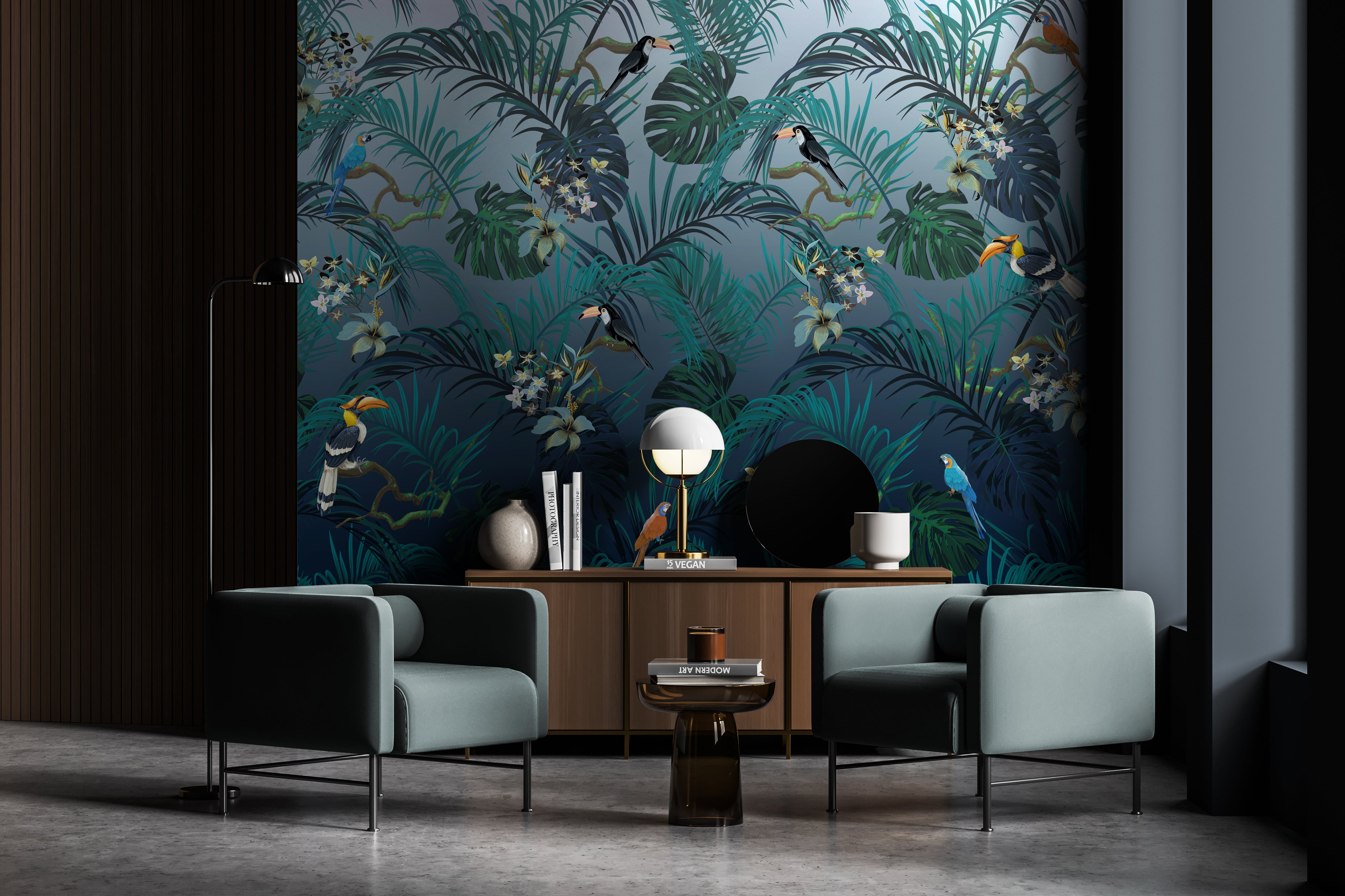 Exquisite Digital Printed Green Tropical Birds Decorative Mural Wallpaper M1329