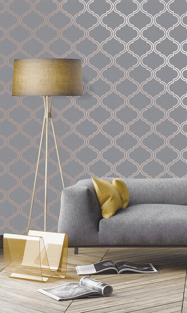 Classic Grey and Rose Gold Ornamental Wallpaper R7315 for Luxury Interiors
