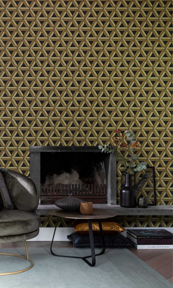 Stylish Black and Golden Fibrous Web Geometric Design Wallpaper R7388 for Interior Decoration