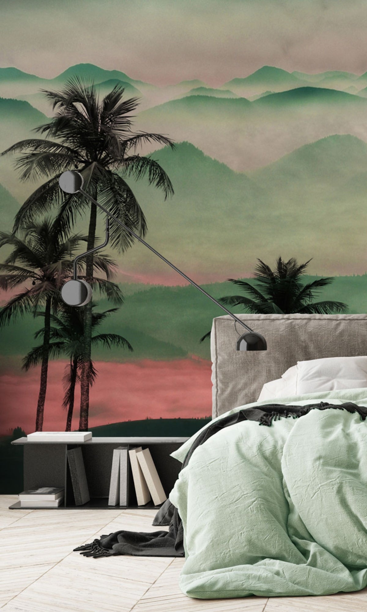 High - Quality Durable Green Palm Tree Silhouette Mural Wallpaper M1261