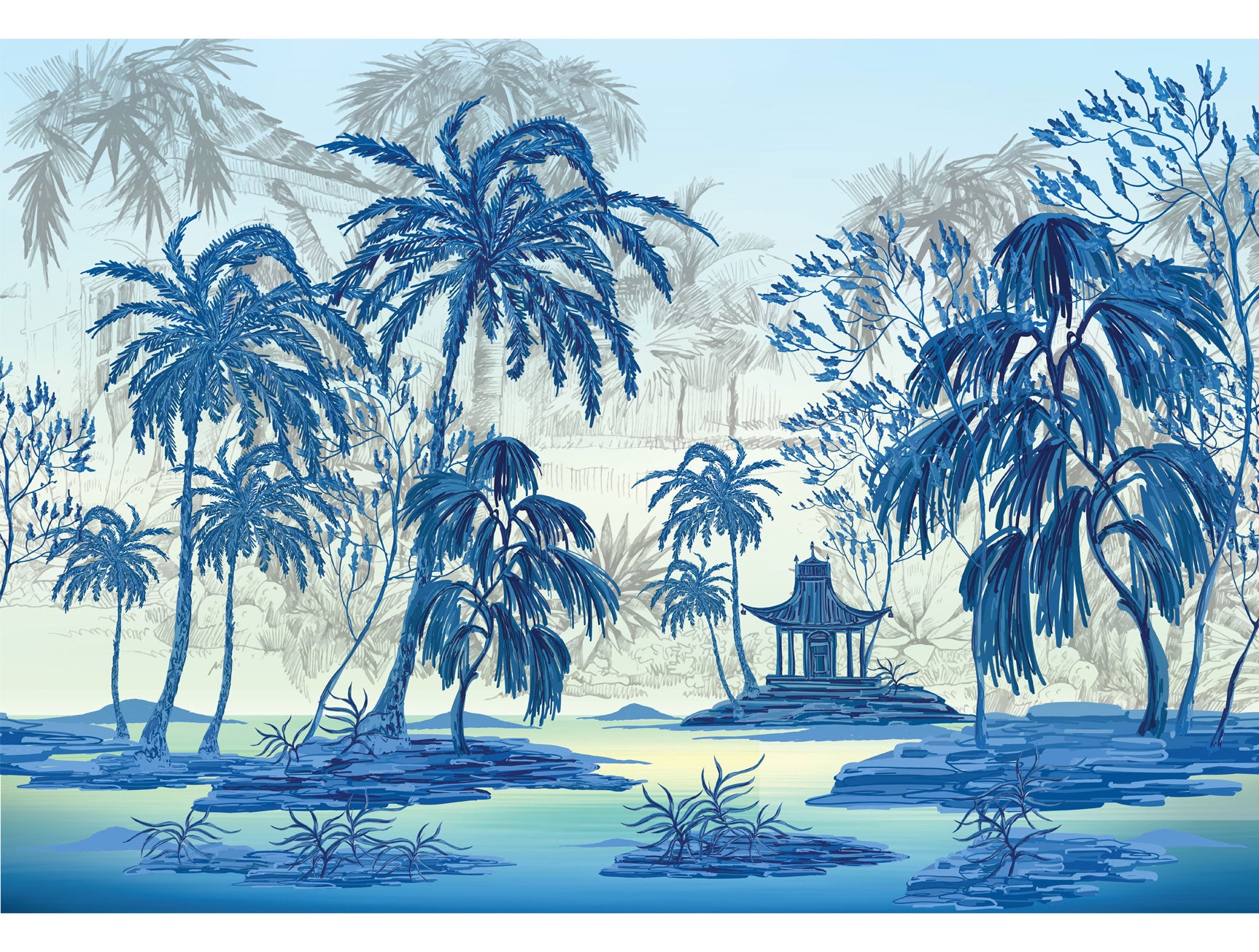 Exquisite Blue Chinoiserie Design Mural Wallpaper M1417
