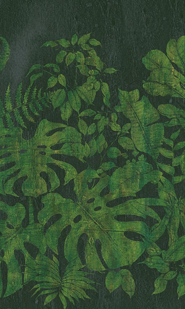 Sample of Green Printed Jungle Leaves Botanical Mural Wallpaper on Faux Wood Background M9509