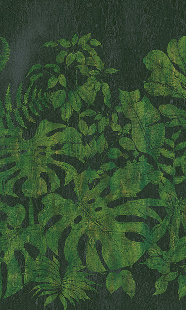 Exquisite Green Printed Jungle Leaves on Faux Wood Background Mural Wallpaper M9509 for Home Decoration