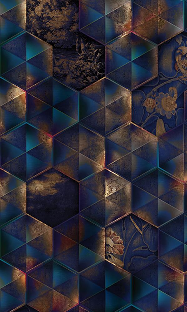 Sample of Blue Reflective Hexagonal Tiled Mural Wallpaper M9554