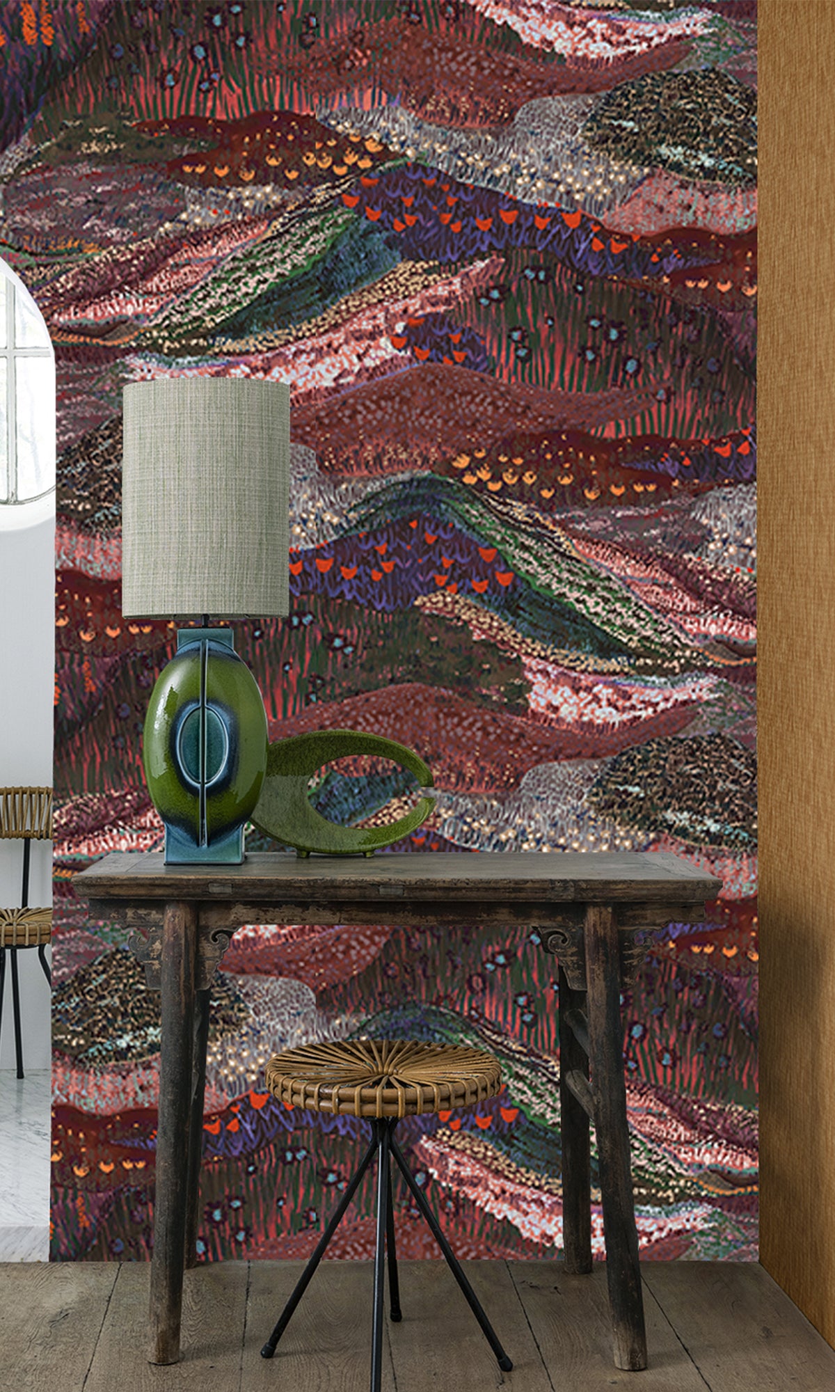 Burgundy-Colored Panoramic Valleys Decorative Wallpaper RM9028 for Home Interior