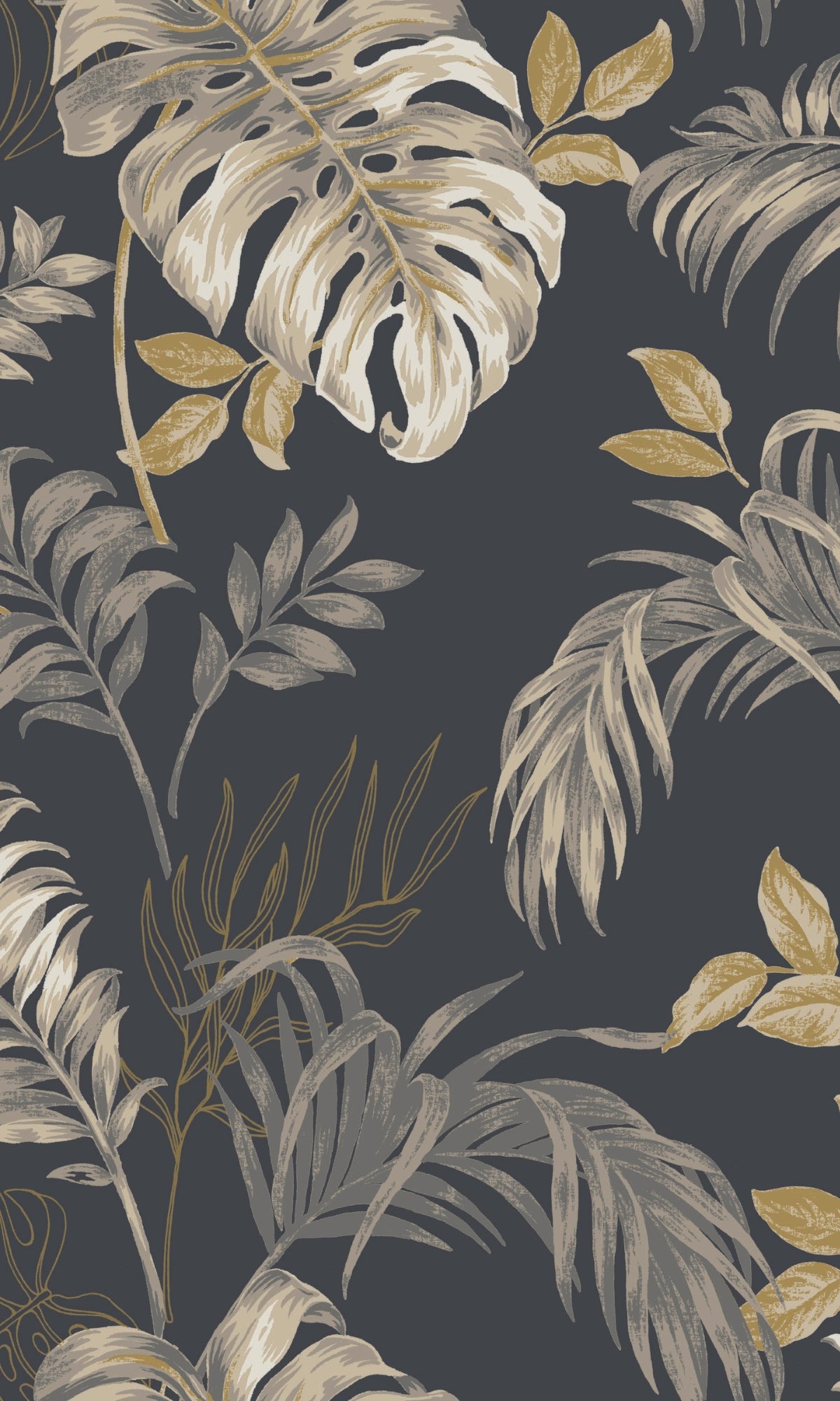 Black Colored Tropical Foliage Inspired Botanical Wallpaper Pattern R9335