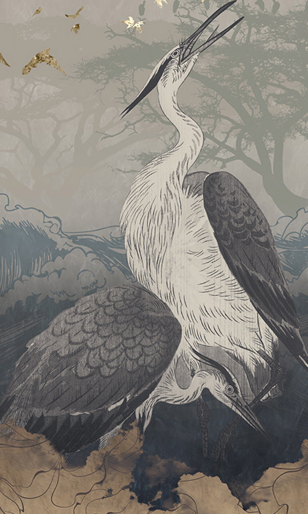 Artistic Neutral Landscape Mural Featuring Cranes M9472