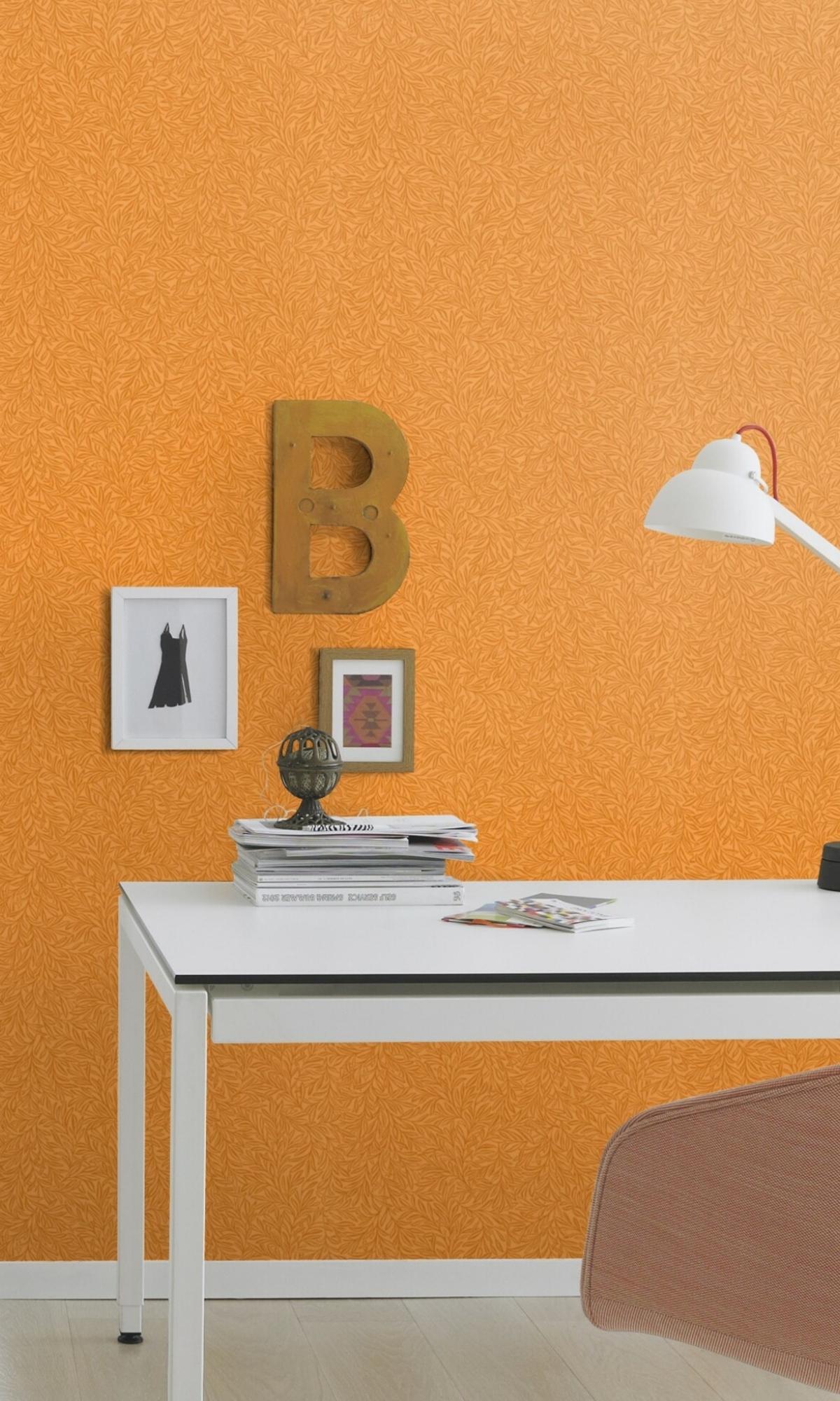 Stylish Orange Metallic Tropical Leaves Minimalist Wallpaper R7757