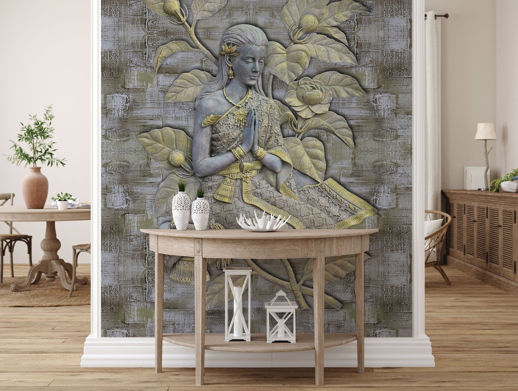 Exquisite Gray and Golden Praying Girl Mural Wallpaper Design M1159 for Interior Decoration