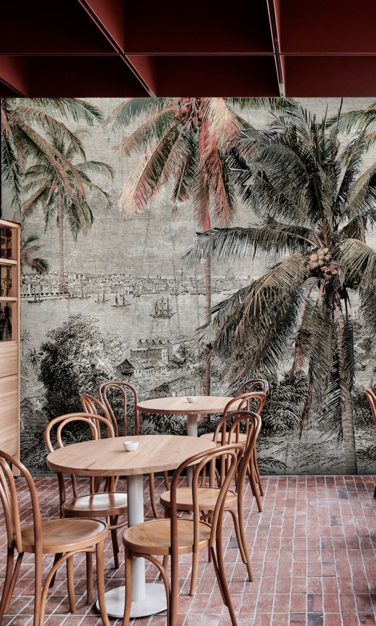 Black and White Coastal Port City Palm Trees Mural Wallpaper Design M1178 for Interior Decoration