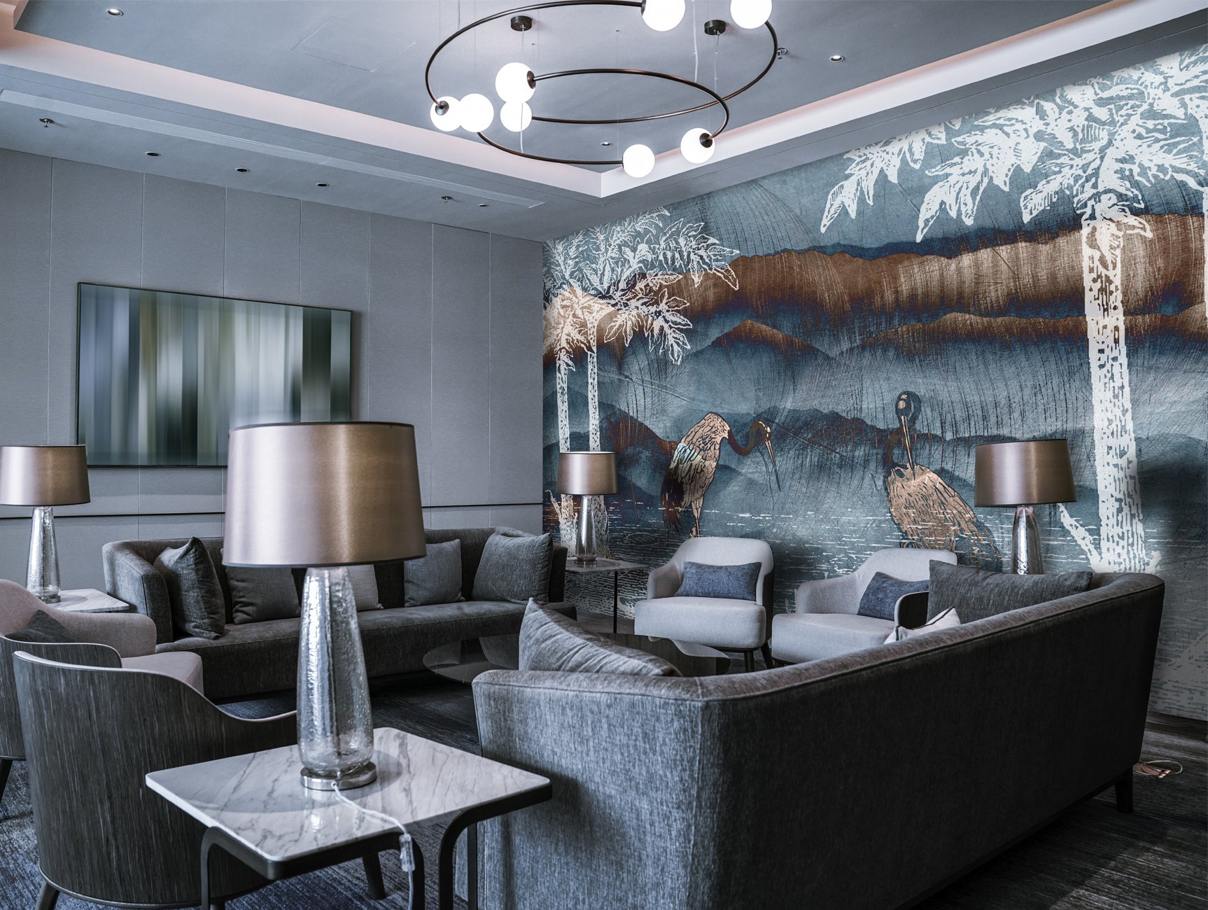 Stylish Neutral Mountains and Pelicans Decorative Mural Wallpaper M1439 for Residential and Commercial Use