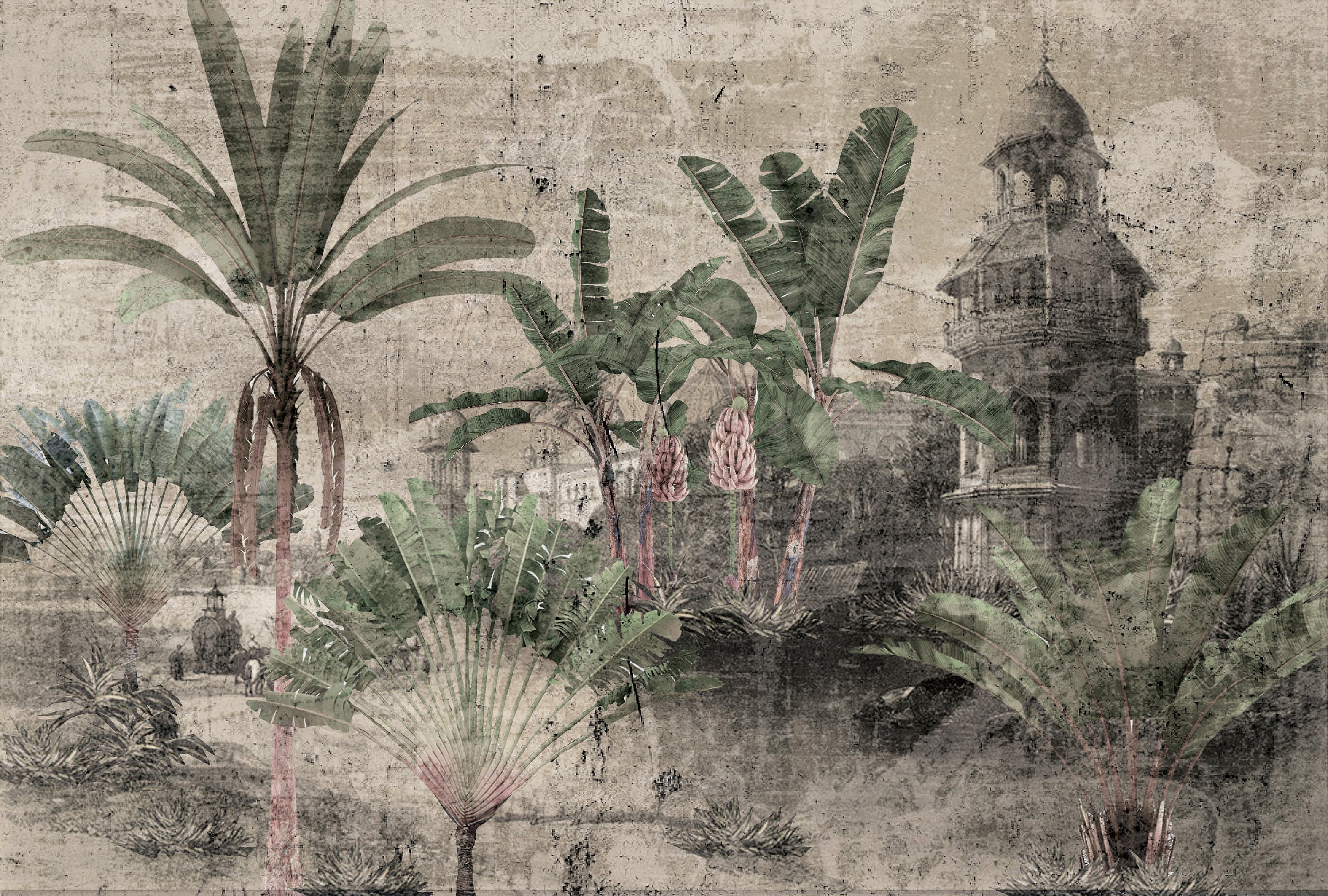 Antique Tropical Landscape Mural Wallpaper M9614 - Faded Vintage Print