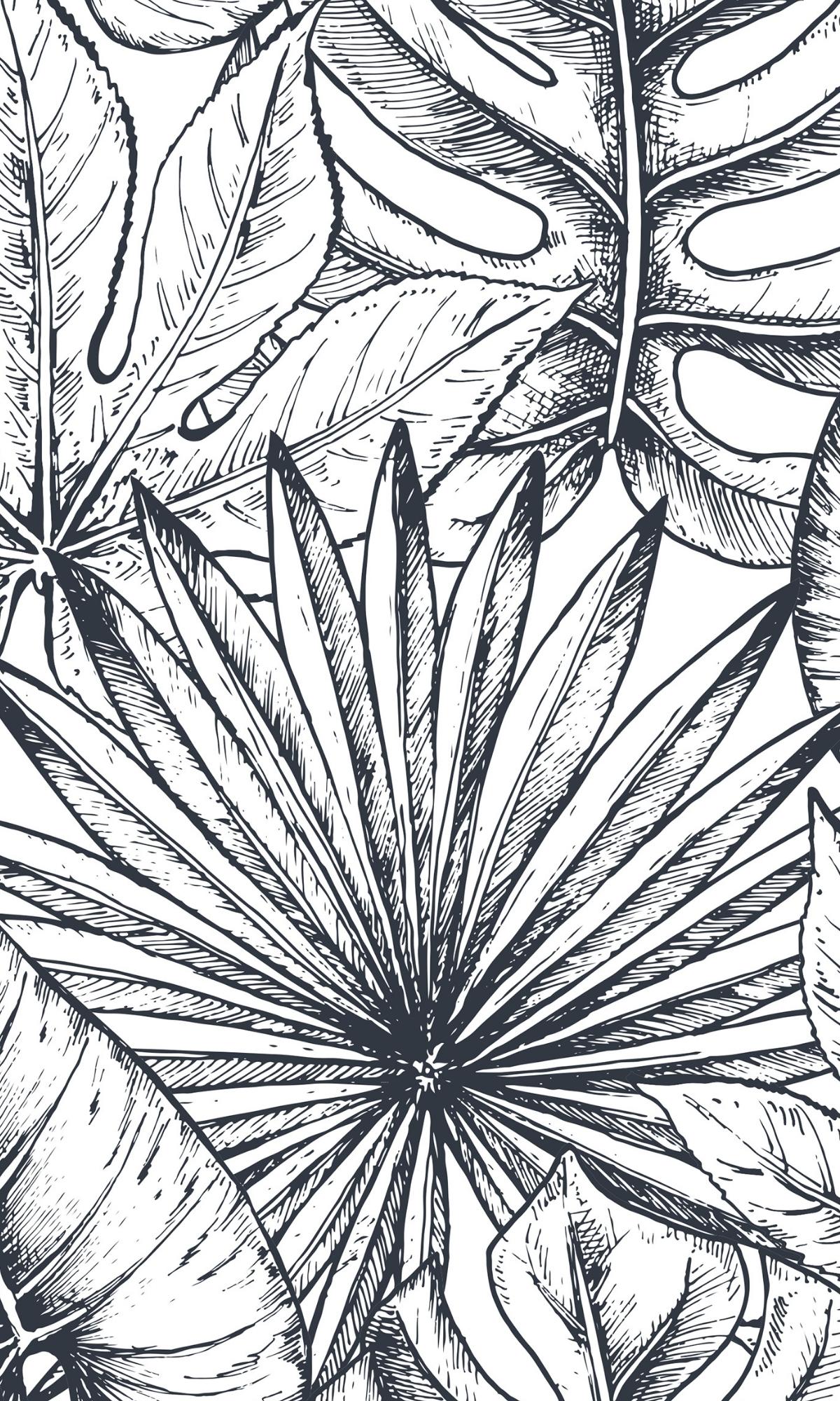 Exquisite Black and White Digital Sketch of Various Leaves Mural Wallpaper M1164 for Interior Decoration