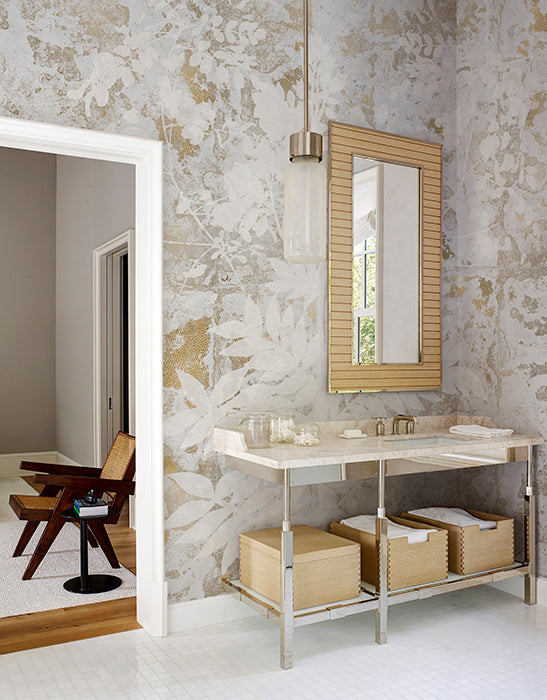 Stylish White and Gold Abstract Botanical Leaves Wallpaper Mural M1064