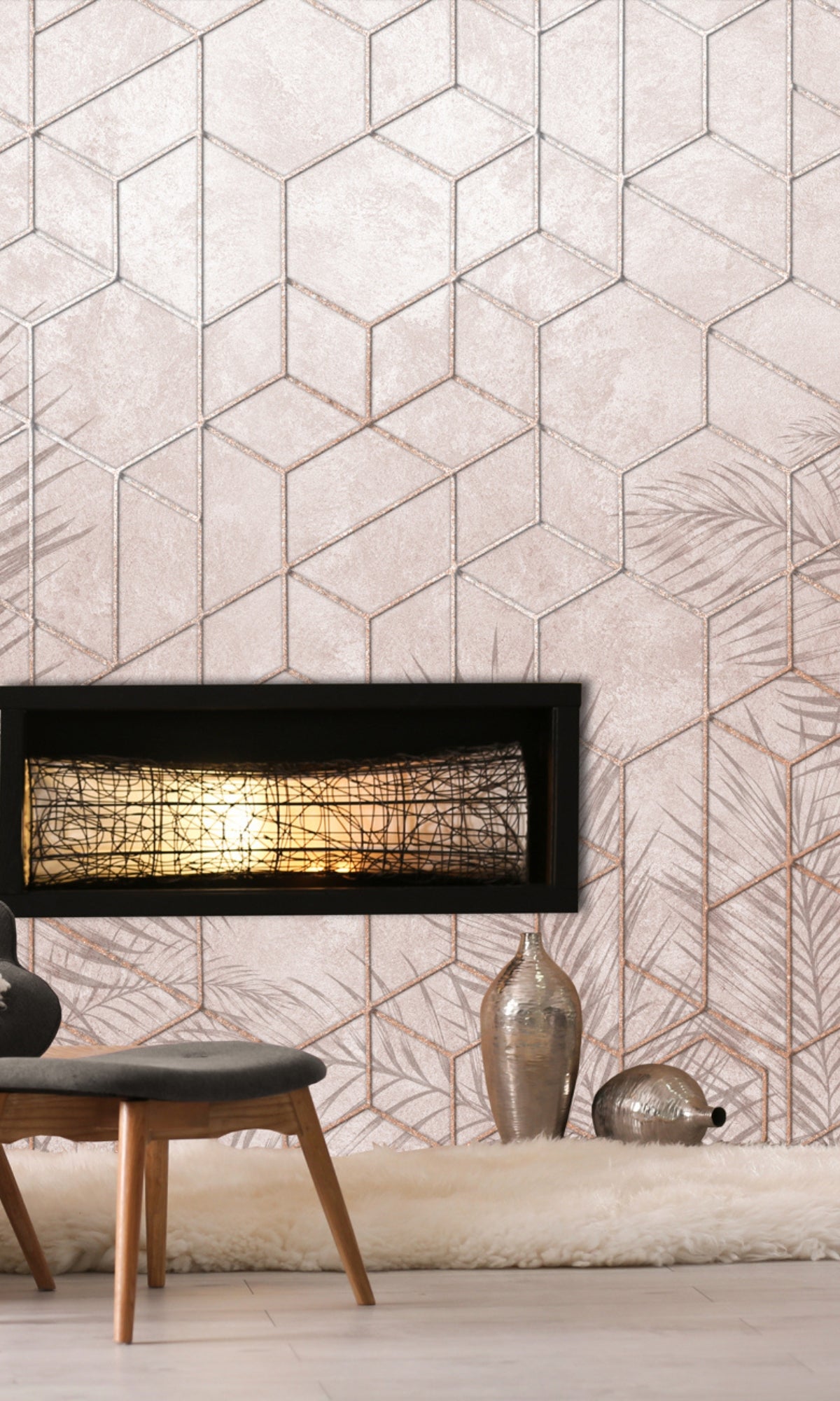 Exquisite Neutral Geometric Hexagon Abstraction with Lush Tropical Leaves Mural Wallpaper M1306 for Residential and Commercial Use