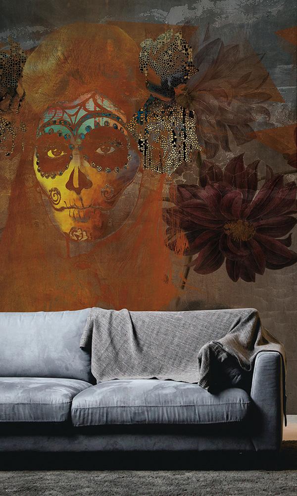 Vibrant Orange Dia de los Muertos Mural - Sample M9478
