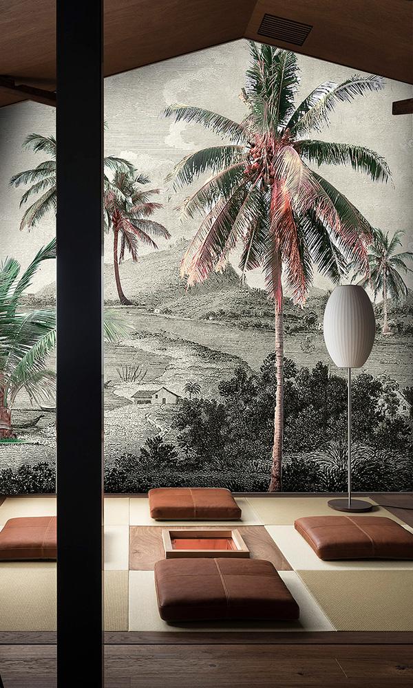 Retro Tropical Landscape Engraved Illustration Mural Wallpaper M9591 - Sample for Interior Decoration
