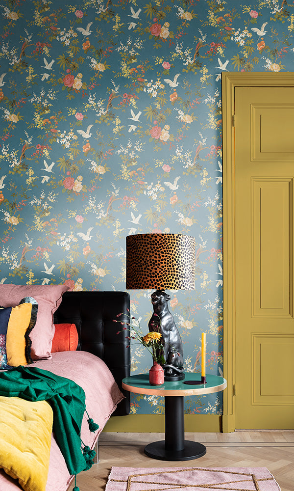 Blue Enchanting Vintage Birds and Floral Wallpaper R6399