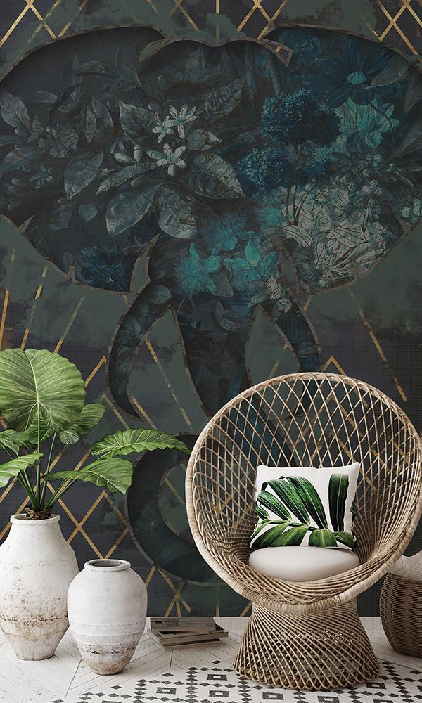 African-Inspired Blue Floral Elephant Mural M9505 - Sample