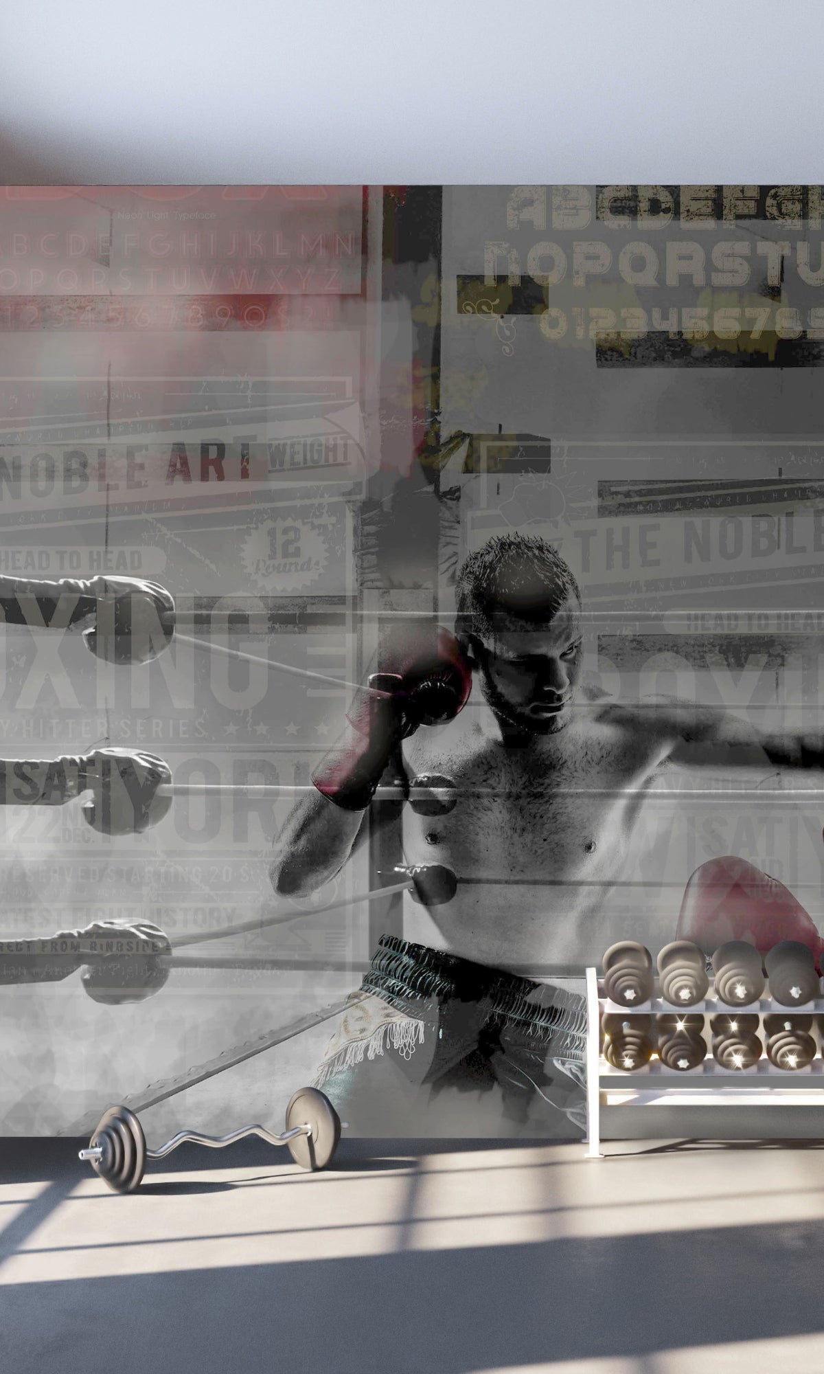Stylish Gray Boxing and Leaves Mural Wallpaper M1451