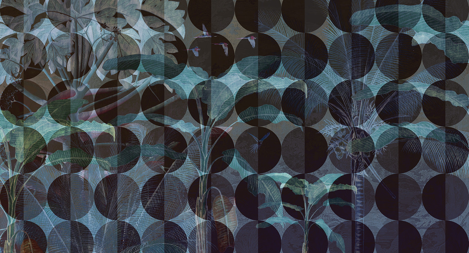 Blue Circular Geometric Nature Themed Mural M9463