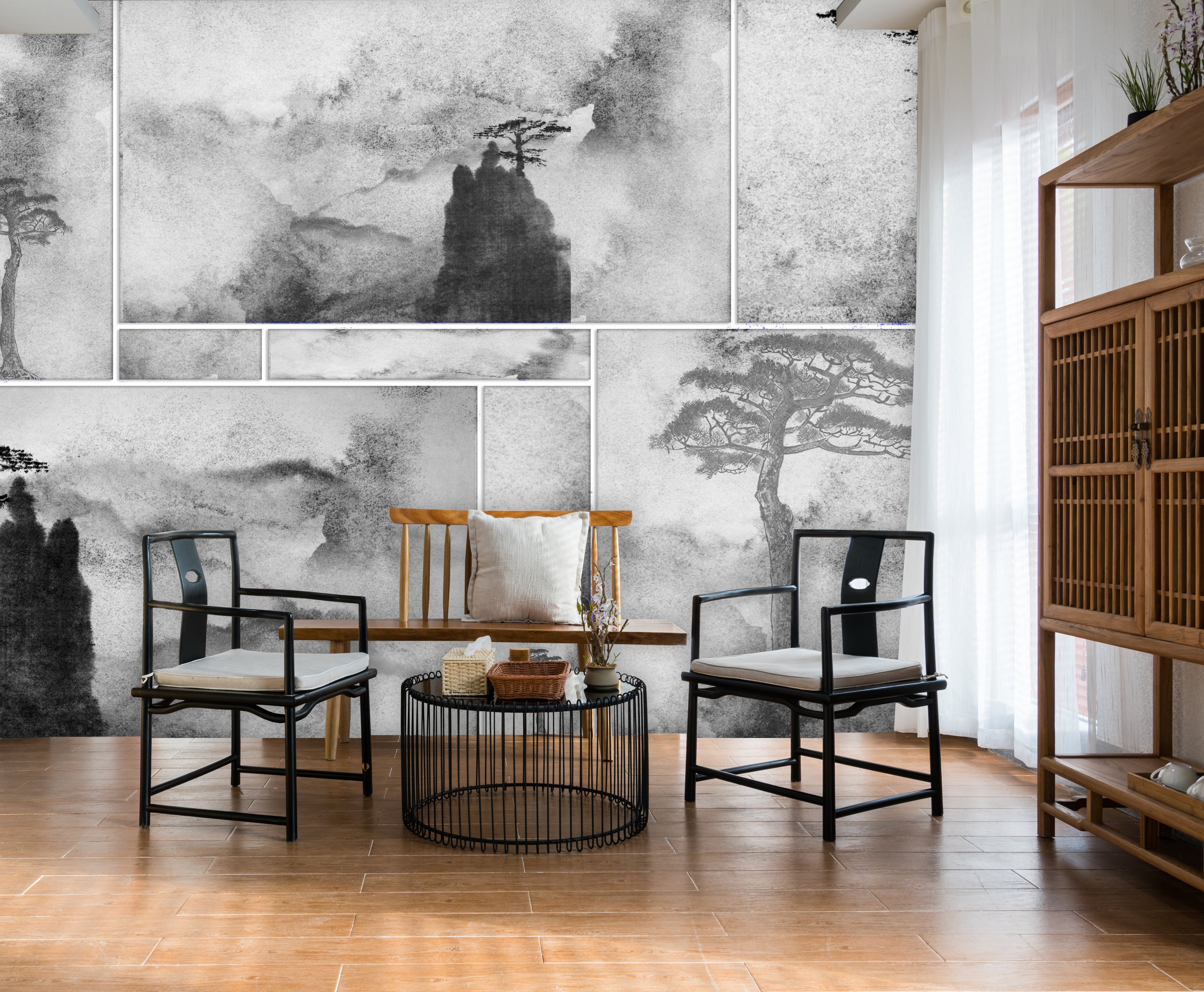 Exquisite Black and White Watercolor Japanese-Style Mural Wallpaper M1342