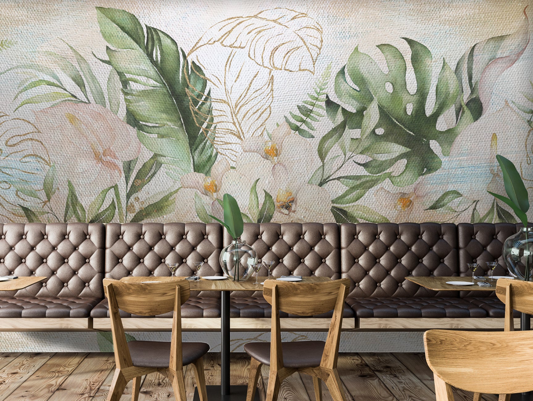 Vibrant Green Tropical Floral and Leaf Wallpaper Mural M9970