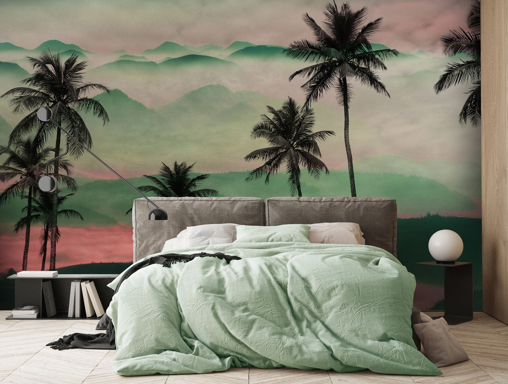 High - Quality Durable Green Palm Tree Silhouette Mural Wallpaper M1261