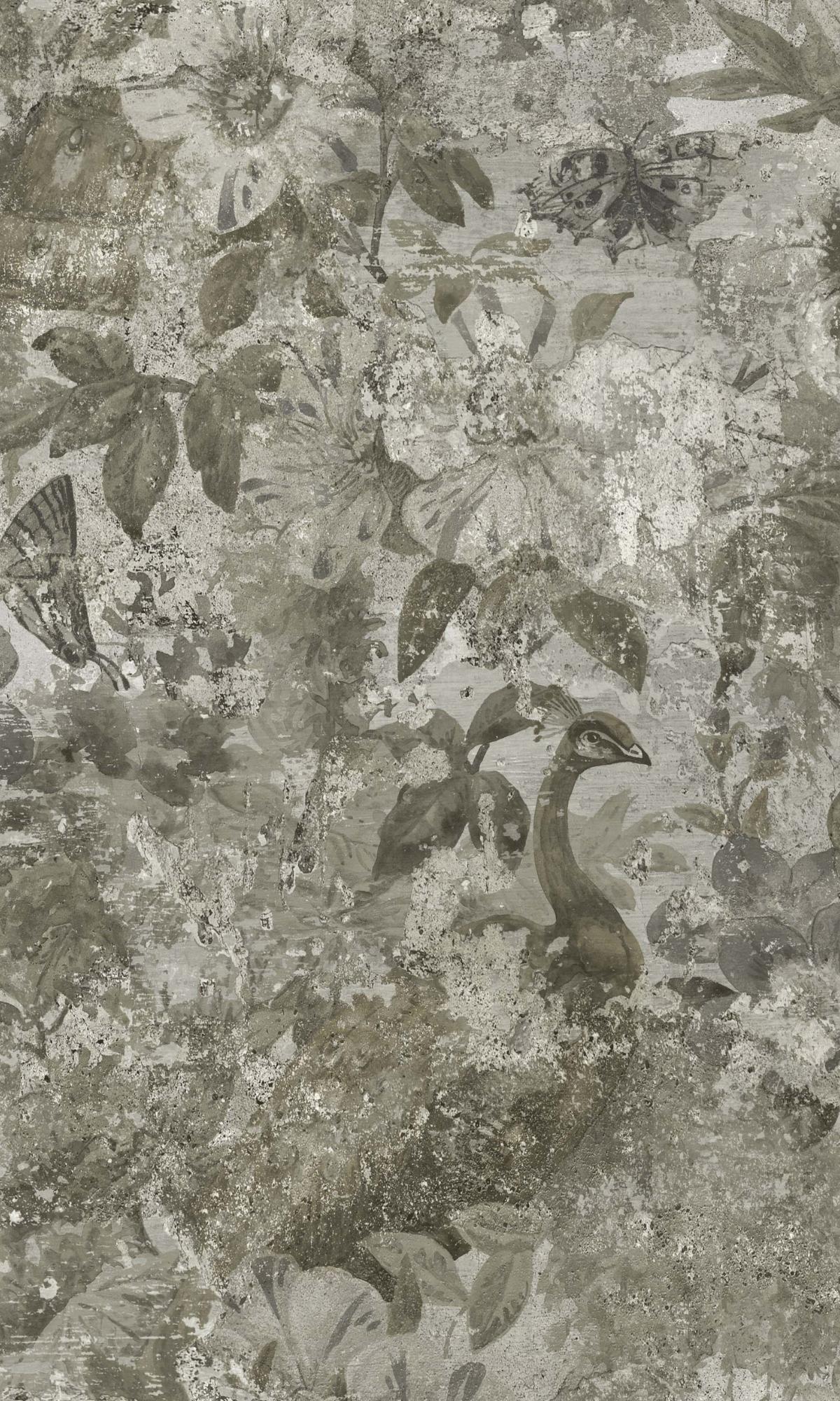High - Quality Natural Floral and Peacock Patterned Distressed Concrete Style Wallpaper R7585
