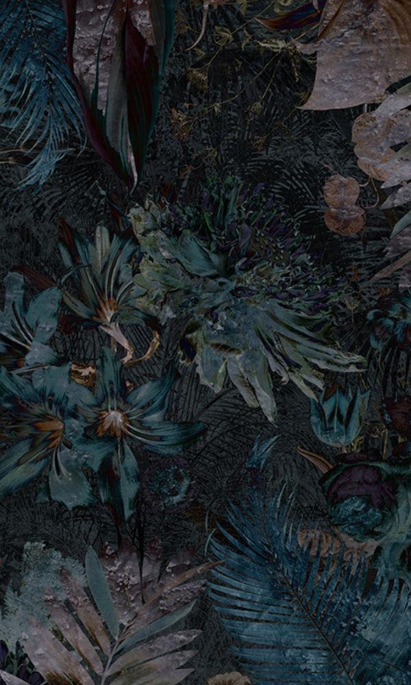 Navy Blue Tropical Wallpaper Mural M1042 - Sample with Intricate Leaves and Grains Design