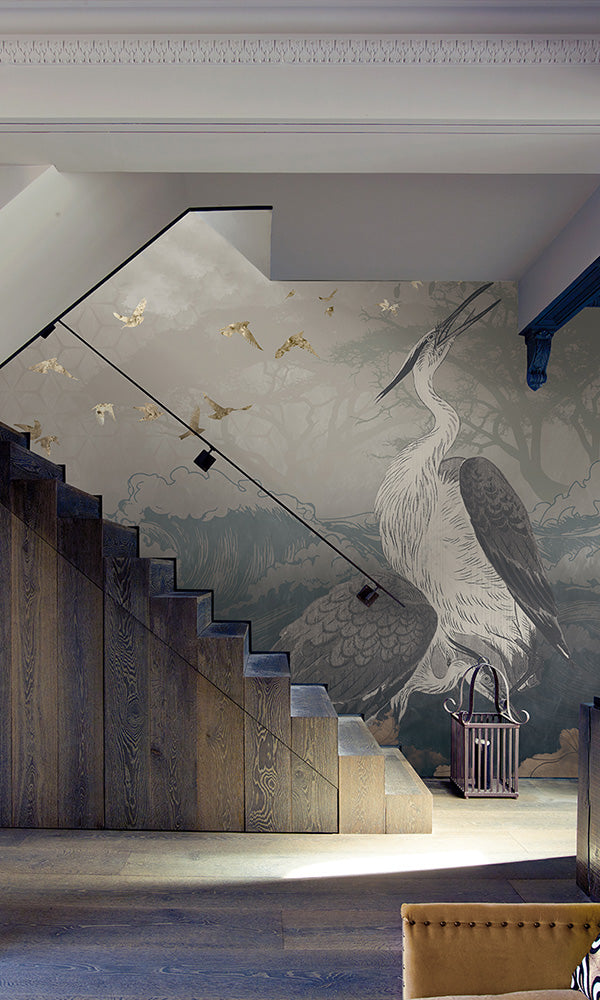 Artistic Neutral Landscape Mural Featuring Cranes M9472