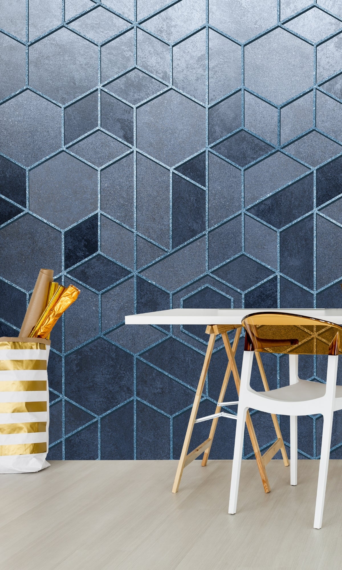 Stunning Blue Hexagonal Geometric Abstract Mural Wallpaper M1307 for Home and Office Decor