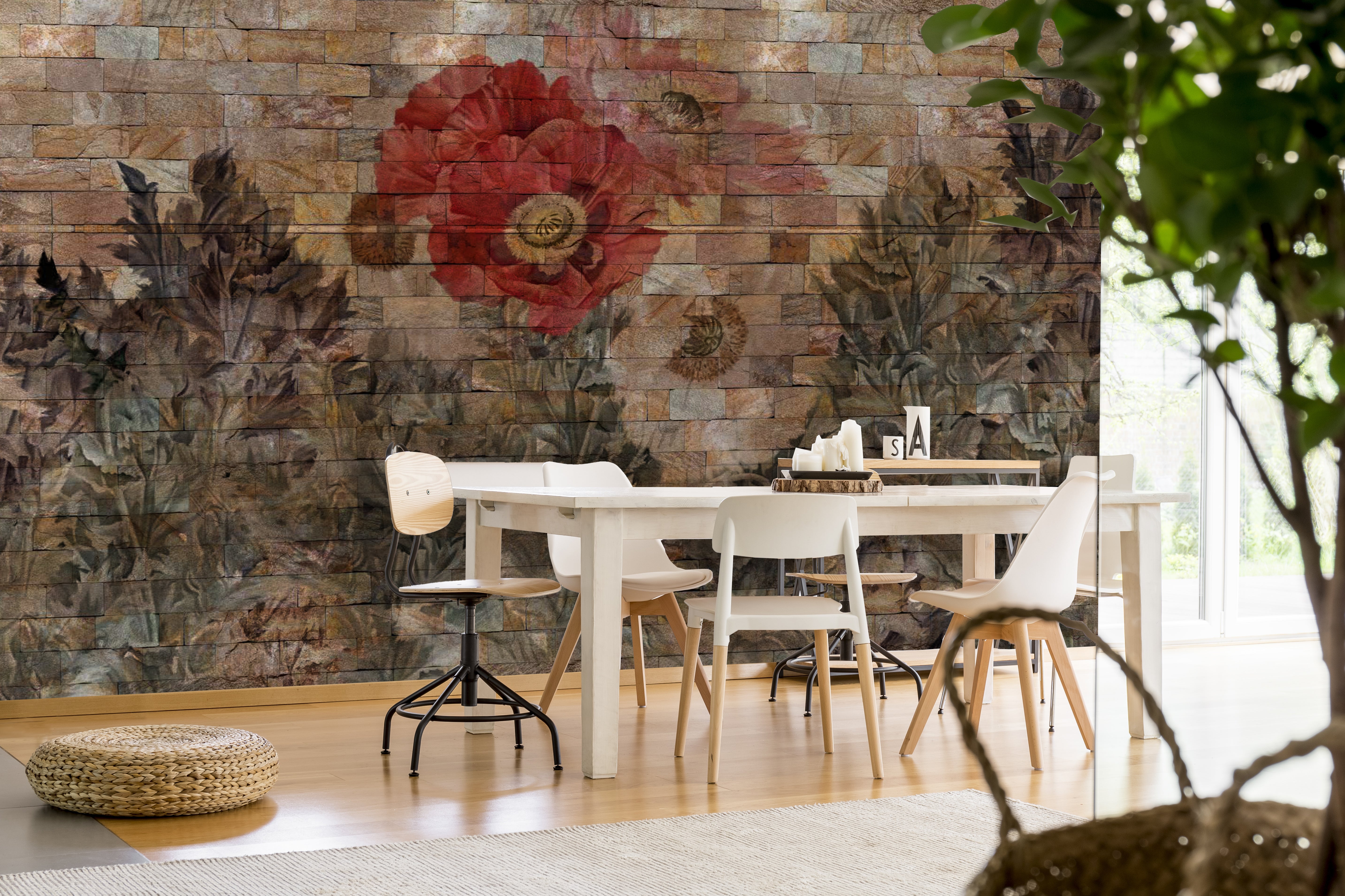 Exquisite Neutral Floral and Bricks Design Mural Wallpaper M1281
