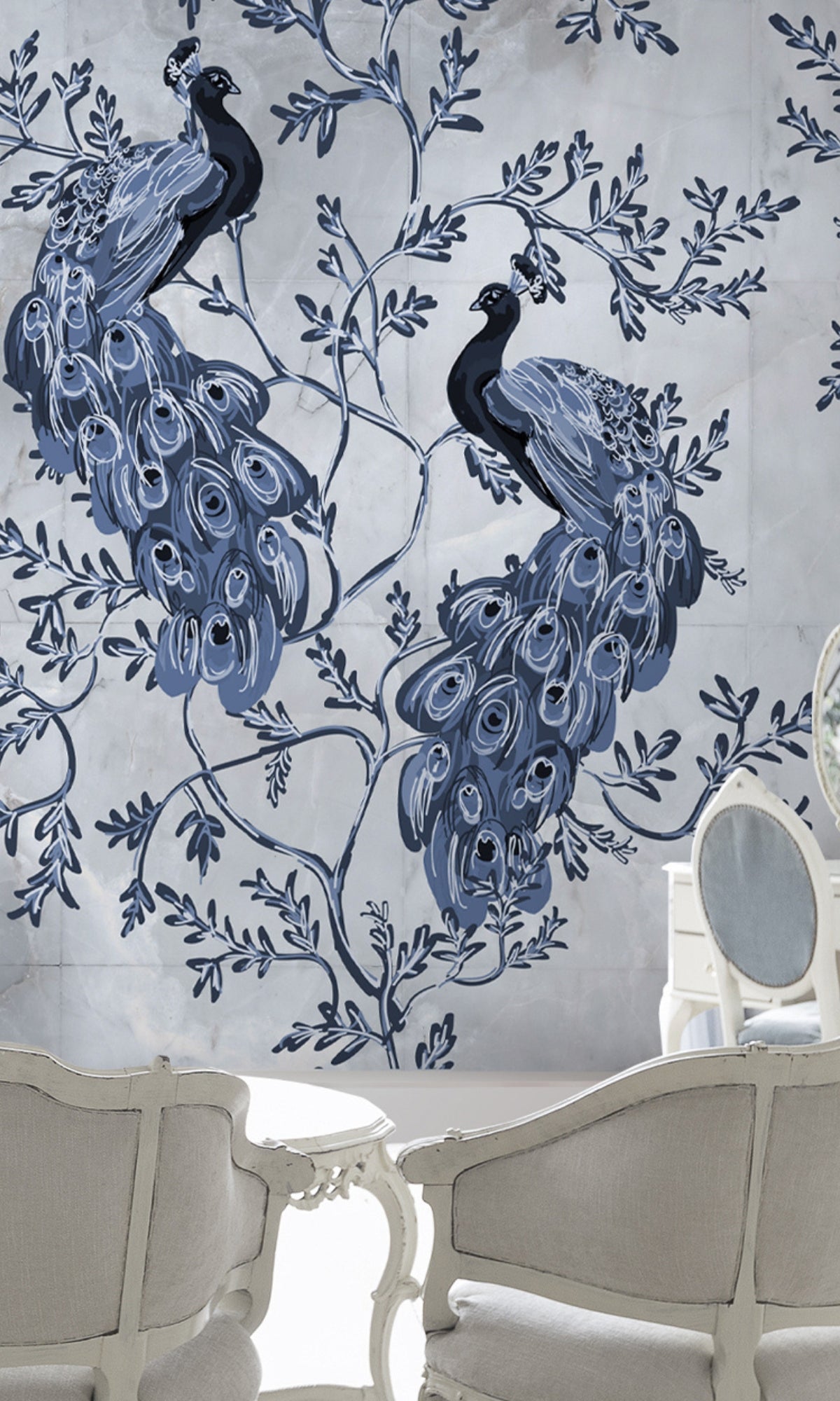 Stunning Blue Peacocks and Blossoming Flowers Mural Wallpaper M1448 for Interior Decoration