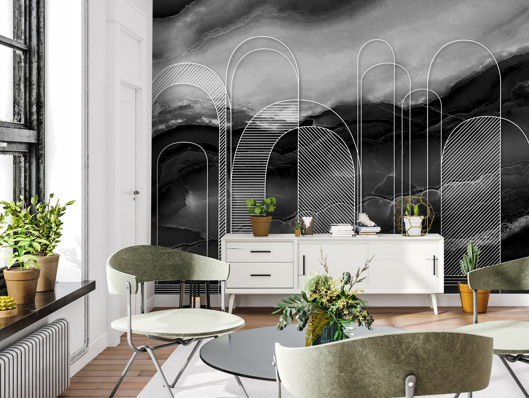 Durable Black and White Abstract Muqarnas Marble Mural Wallpaper M1335