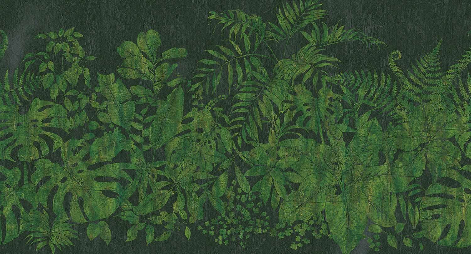 Exquisite Green Printed Jungle Leaves on Faux Wood Background Mural Wallpaper M9509 for Home Decoration