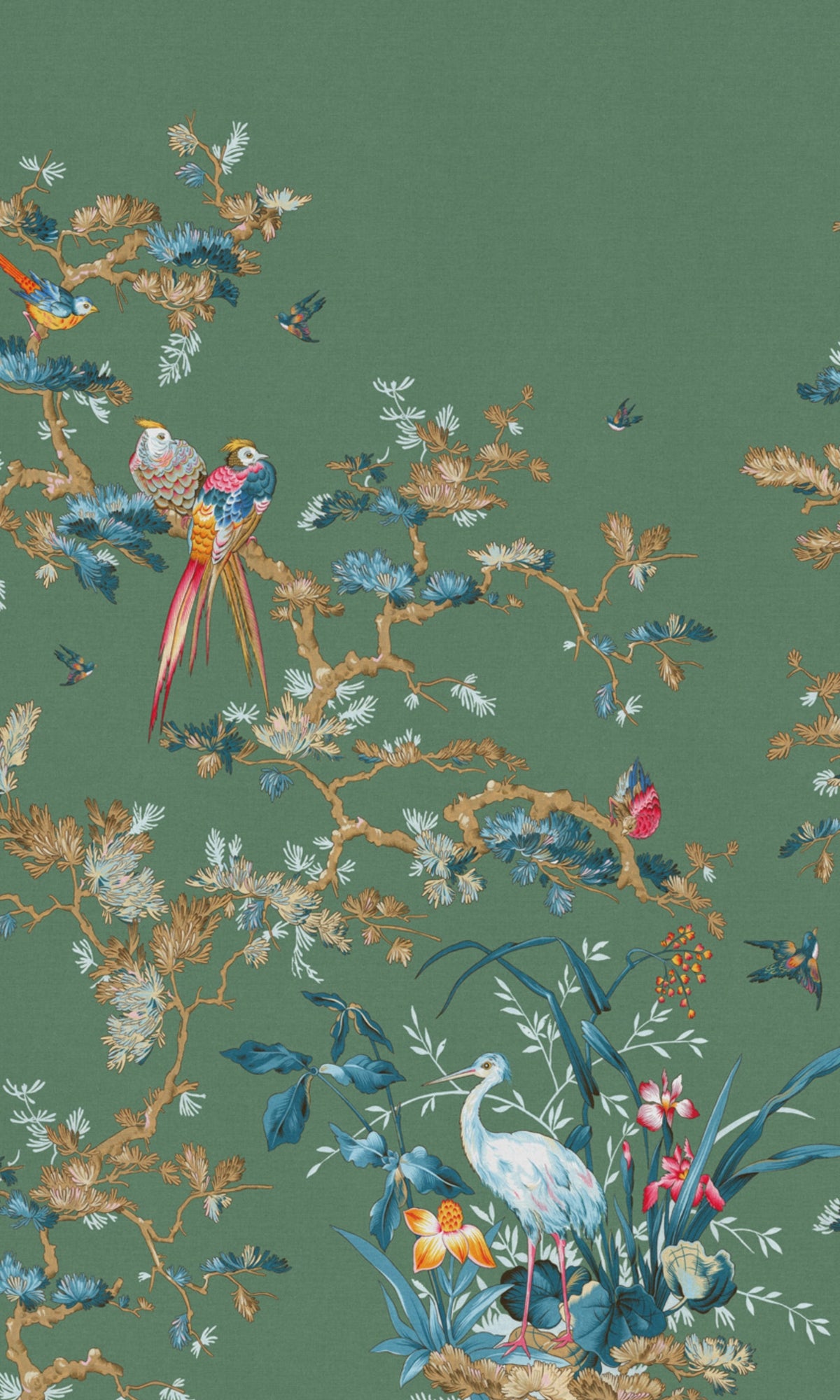 Vibrant Green Tropical Wallpaper with Storks and Exotic Birds - RM2096