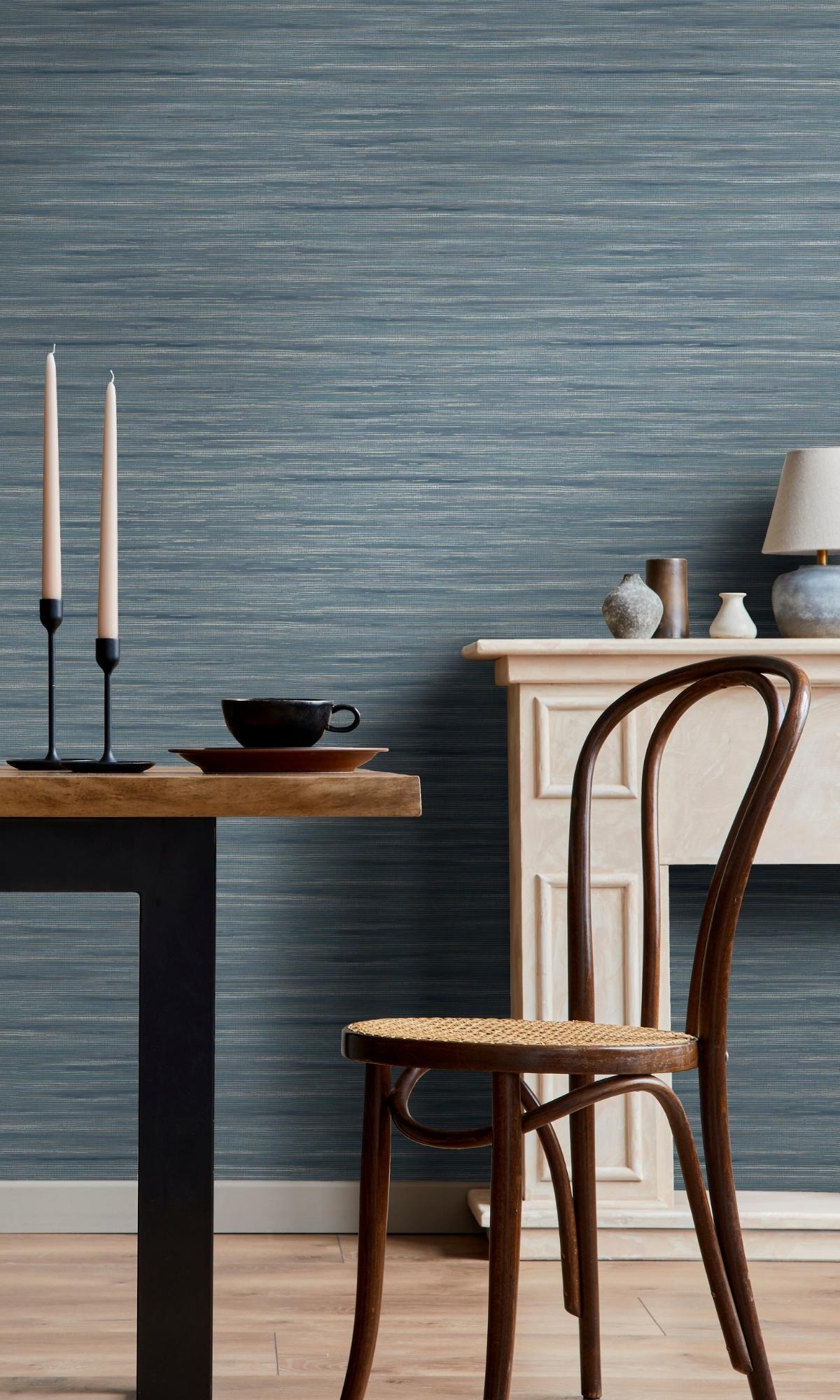 Navy Metallic Wallpaper with Plain Grasscloth-like Texture R7620