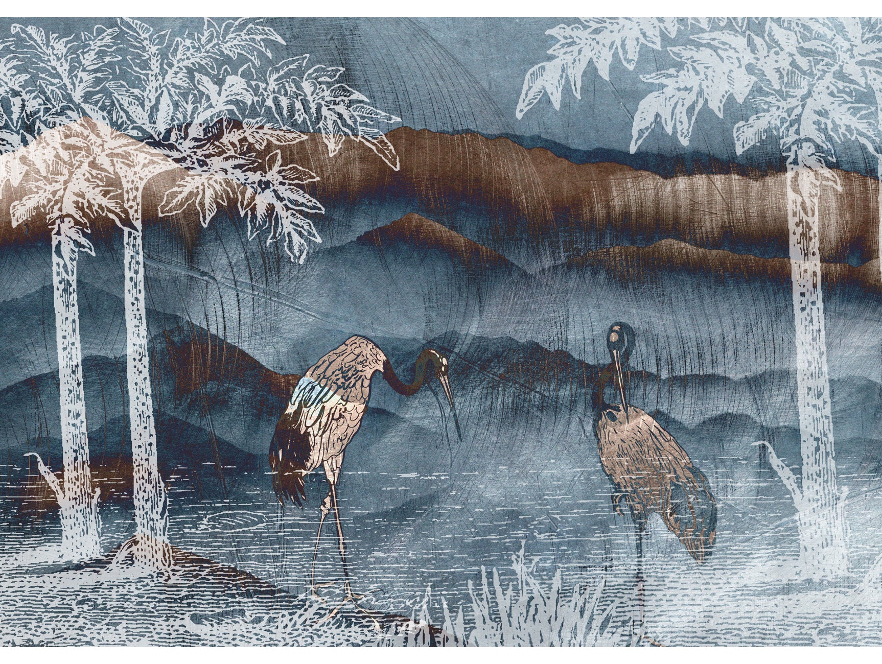Stylish Neutral Mountains and Pelicans Decorative Mural Wallpaper M1439 for Residential and Commercial Use