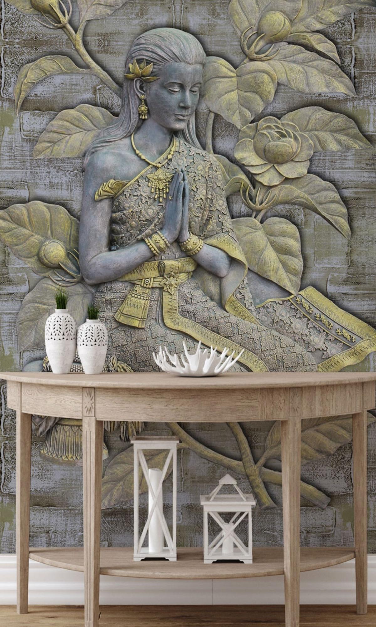 Exquisite Gray and Golden Praying Girl Mural Wallpaper Design M1159 for Interior Decoration
