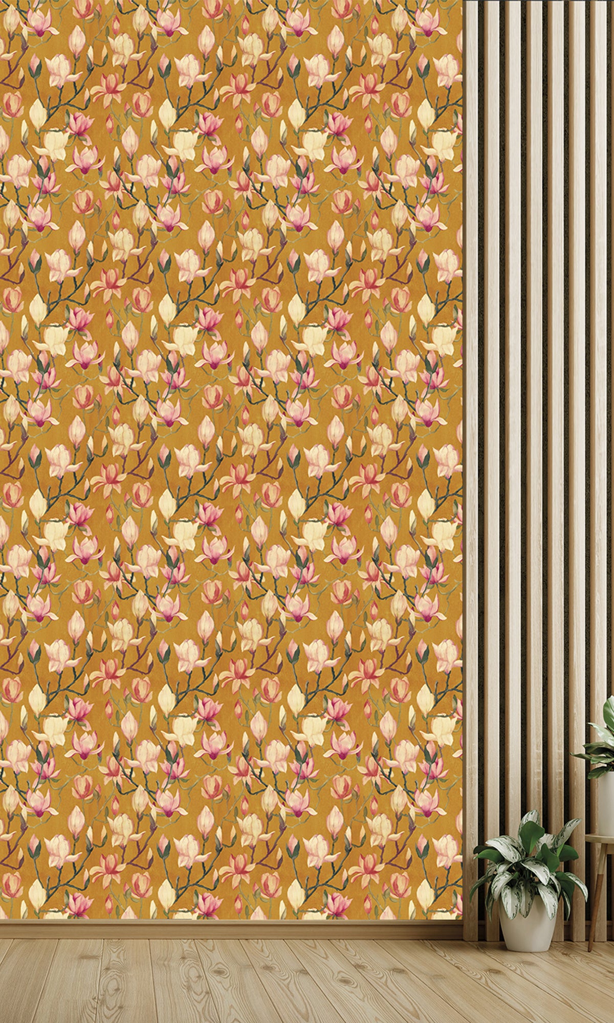 Exquisite Ochre-Colored Magnolia Flowers Textured Non - Woven Wallpaper R9498 for Home Decor