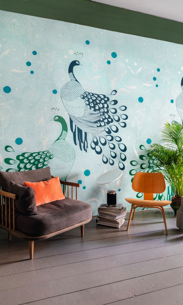 Stunning Blue Wallpaper Mural with Peaceful Peacocks Design M9829