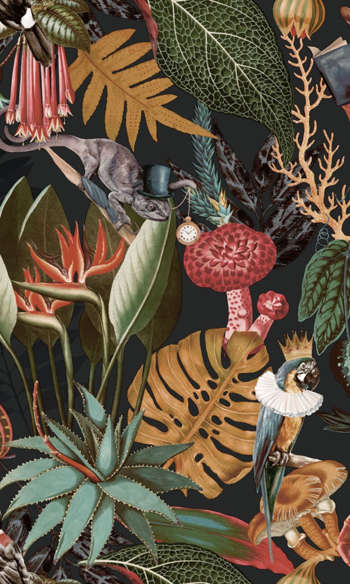 Black Tropical Jungle Party Wallpaper R8967 - Monkey Climbing in the Trees Design